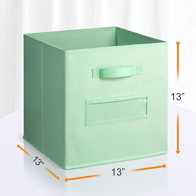 artsdi 13x13x13 storage cube bins(Set of 8) Fabric storage cubes with 8 Labels Window Cards & a Pen, storage cubes 13x13, Collapsible 13 inch cube storage bins, Cubby Organizer Boxes, Grass Green