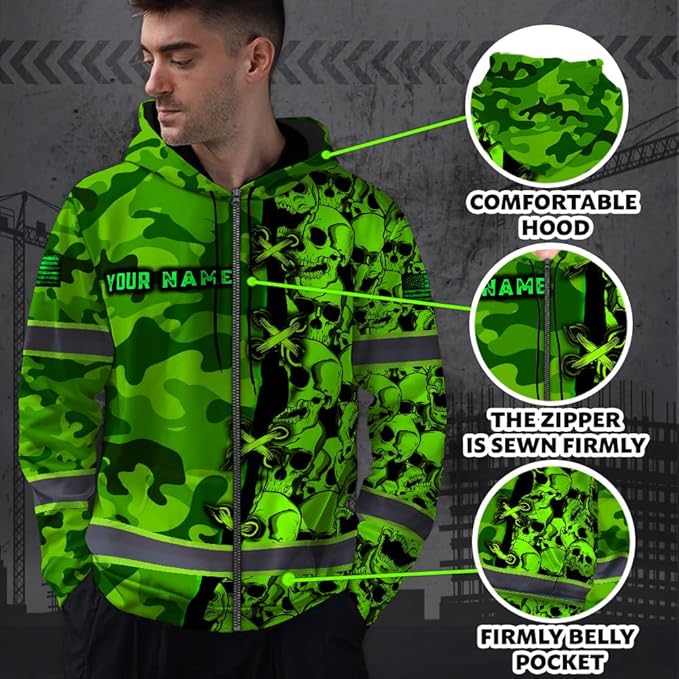 Maddly Hi Vis Reflective Zip Up Hoodie, High Visibility Safety Jacket with Skull Design for runner, worker, trucker, cyclist