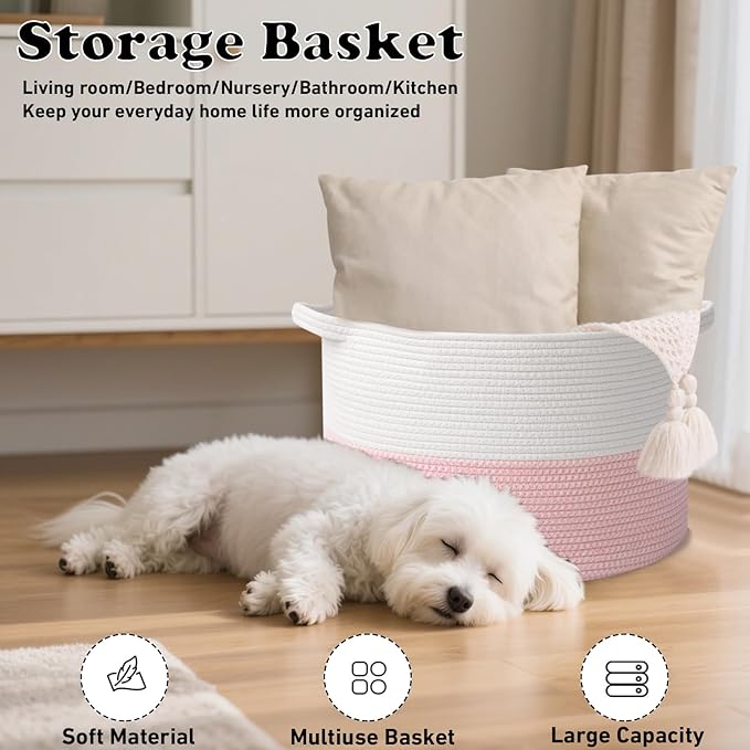 Large Storage Basket with Handle,23.6" x 23.6" x 15.7" Blanket Basket Storage Bins for Organizing,65L Cotton Rope Woven Baskets for Living Room, Nursery ,Bedroom,White&Pink
