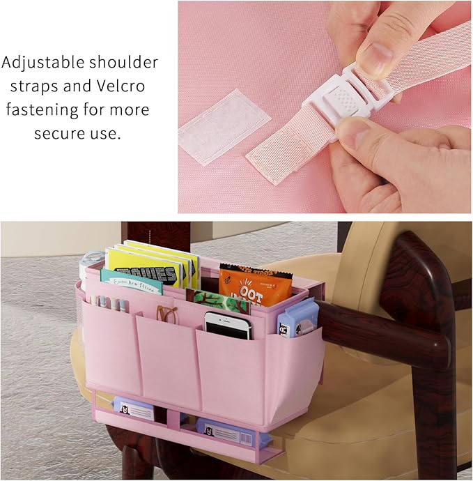 Bedside Caddy Bedside Organizer,Bed Caddy with 11 Pockets and Power Strip Holder,Versatile Bedside Storage Caddy for Home,Dorm,Bunk,Hospital,Crib Bed (Pink)