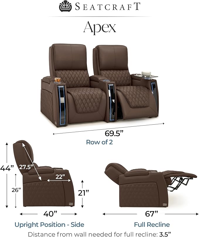 Seatcraft Apex Home Theater Seating, Living Room, Powered Headrest, Powered Lumbar, Powered Recline, Italian Leather, USB Charging, Row of 2, Brown