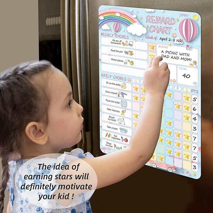Magnetic Dry Erase Chore Chart for Two Kids at Home, Reward Chart for Kids Behavior. Includes 52 Static Tasks,126 Golden Stars and 8.5"x12" Video Game& Rainbow Magnetic Charts Each