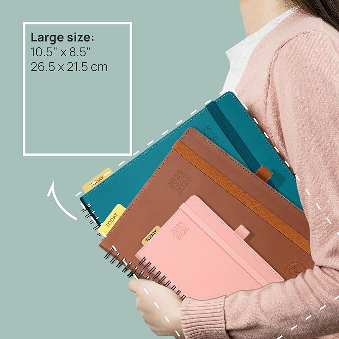POPRUN Planner 2025-2026 (Large - 8.5'' x 10.5'') Academic Weekly Calendar (July 2025 - June 2026) with Hourly Time Slots, Monthly Tabs, 100GSM Thick Papers, Spiral Leather Cover - Green