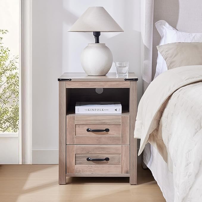 Sierra Rustic Night Stand Set of 2, Farmhouse End Table, Modern Bedside Table with 2 Storage Drawers and Open Shelf, Tall Nightstand for Bedroom