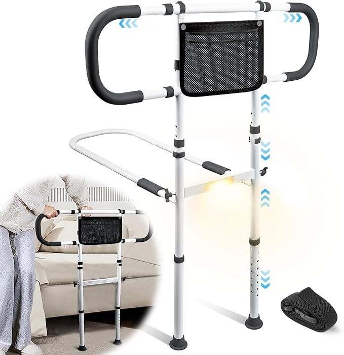AMOVO Bed Rails for Elderly Adults Safety Bed Guard Rails for Seniors Extended Handle Bed Assist Rail with Sensor Light Storage Pouch, Stable Bedside Cane Support Bar Grab, Fit King Queen Full Twin