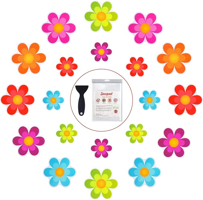 20 PCS Original Non Slip Bathtub Stickers, Shower Floor Non Slip Stickers Bright Flowers Appliques with Premium Scraper