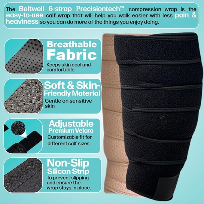 Beltwell® Adjustable Calf Compression Wrap for Swelling, Edema, Lipedema – Easy Leg Compression Sleeve for Circulation, Heaviness, Pain Relief – Ideal Lymphedema Leg Wrap