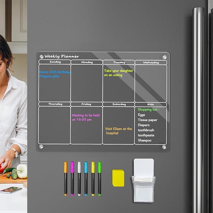 16"X12" Acrylic Weekly Planner for Fridge,Acrylic Magnetic Menu Board for Kitchen,Clear Meal Planner for Refrigerator,Magnet Weekly Calendar for Fridge with 6 Magnetic Markers