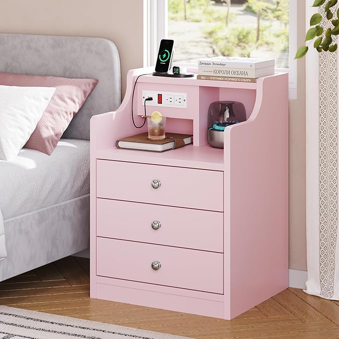 ADORNEVE Night Stand Set 2,Pink Nightstand with Charging Station & Hutch,Night Stands for Bedrooms Set of 2,Bedside Table with Drawers