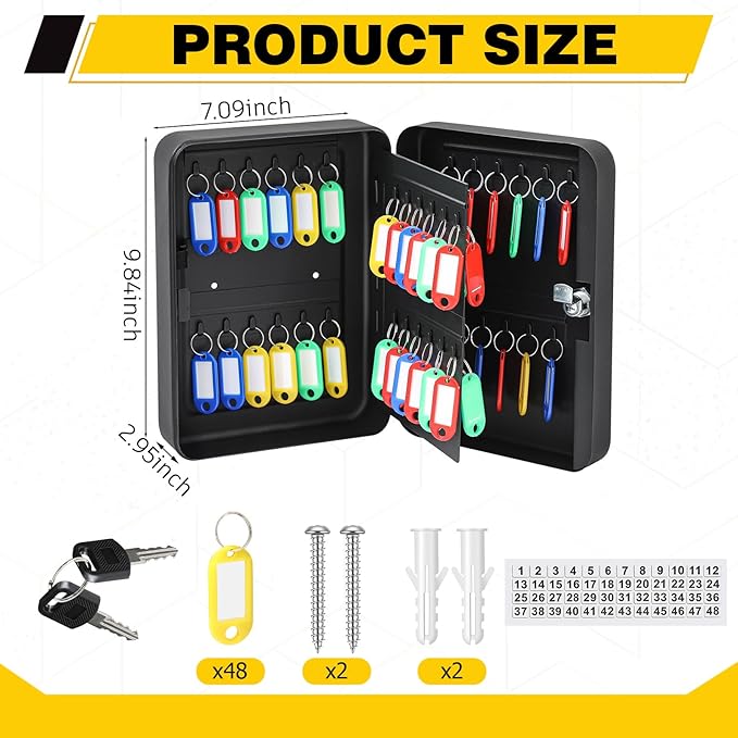 Ripeng 48-Keys Key Lock Box Wall Mount Steel Key Cabinet Lock Box Security Holder with Tags and Hooks Organizer Wall Safe Storage for Car Office Hotel House Rental Business, Black