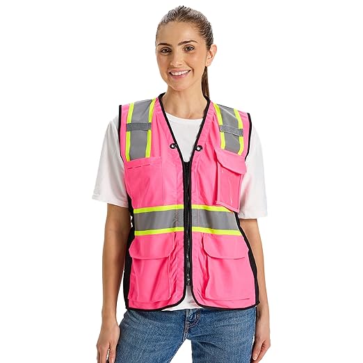 Hi Vis Safety Vest for Women,Working Drawstring waist Construction Vest with Pockets and Zipper,Womens Safety Vest,ANSI Type R Class2