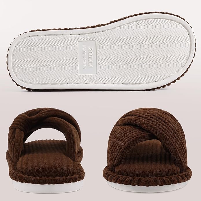 Evshine Fall House Slippers for Women Corduroy Cross Bow Indoor Slippers Open Toe Slip On Bedroom Shoes with Memory Foam