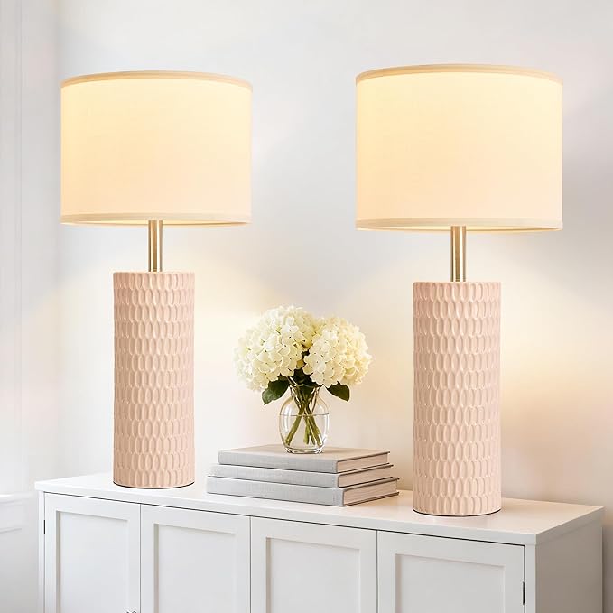 26.5" Ceramic Table Lamp, Table Lamp for Living Room, Pink Lamp for Bedroom, Night Stand Lamps, Modern Bedside Lamp Set of 2, End Table Lamps, Pink