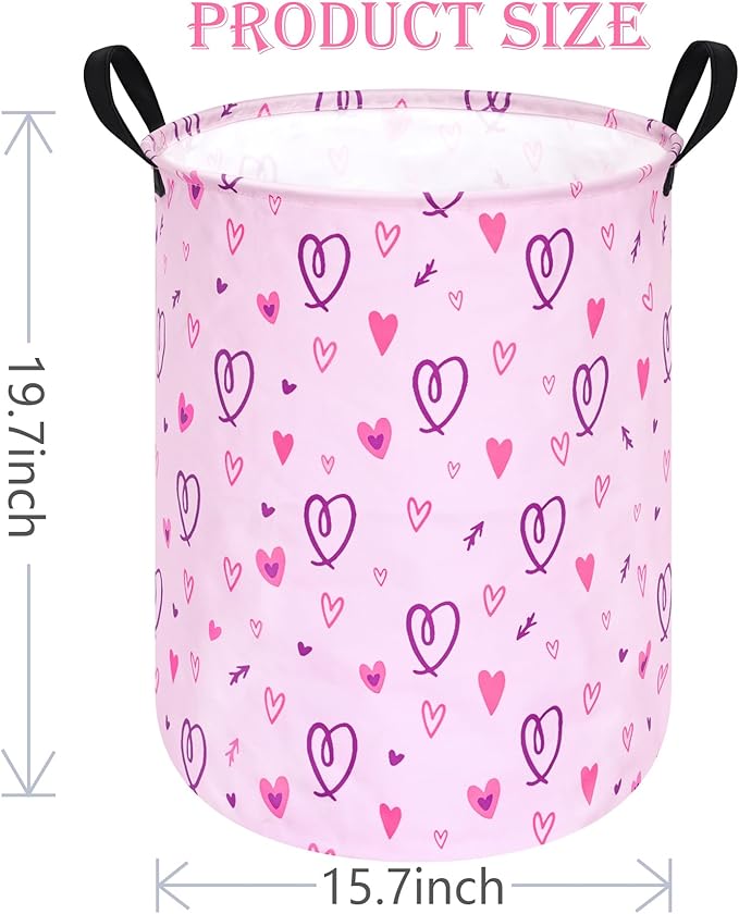 19.7" Round Pink Valentine's Day Laundry Clothes Hamper Laundry Basket with Handles,Storage Organizer Bins Laundry Gift Basket for Room, Bedroom Decor