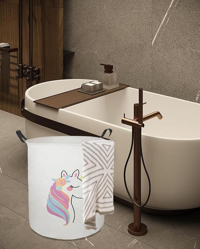 19.7 Inch Round Laundry Clothes Hamper Laundry Basket with Handles,Storage Organizer Bins Laundry Gift Basket for Room, Bedroom Decor (Single Unicorn)
