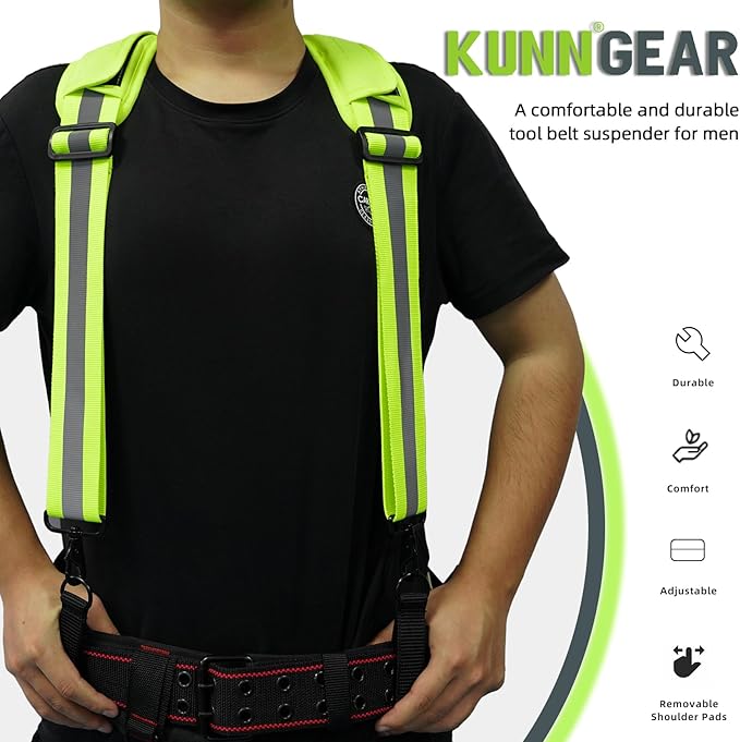 KUNN Hi-Vis Tool Belt Suspenders Heavy Duty Reflective Safety Work Suspender with Removed Padded Shoulder,4Pcs Tool Belt Loops