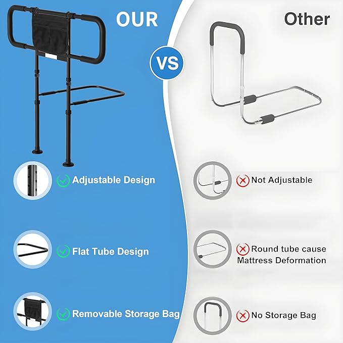 Bed Rails for Elderly Adults Safety - Adjustable Bed Side Rails with Support Leg, Bed Cane with Storage Bag and Motion Sensor Light, Fits Queen, King, Twin, Full, Supports up to 400lbs