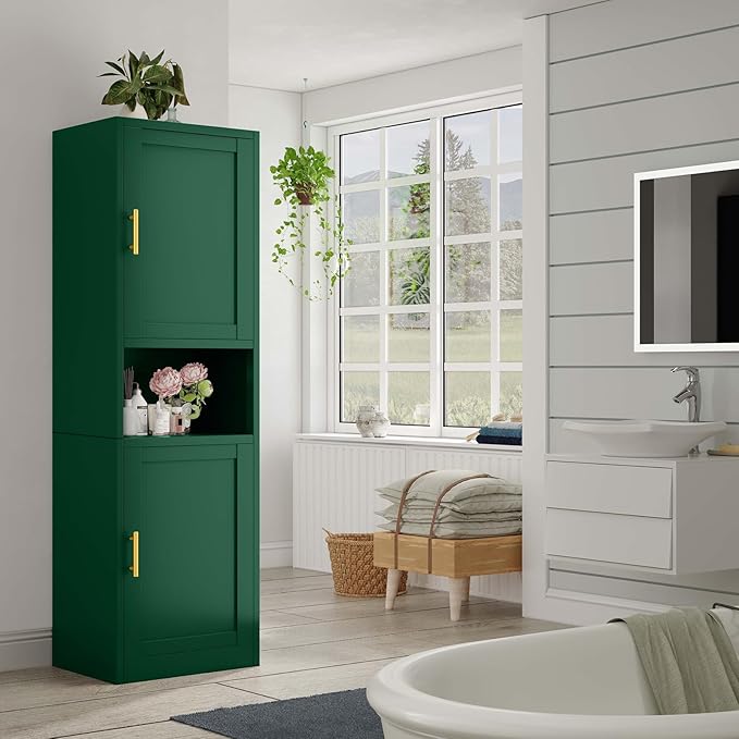 67" Tall Narrow Storage Cabinet Metal Bathroom Cabinet with 2 Doors & 4 Adjustable Shelves, Standing Pantry Cabinets Cupboard for Kitchen, Dining Room, Living Room and Bathroom (Green)