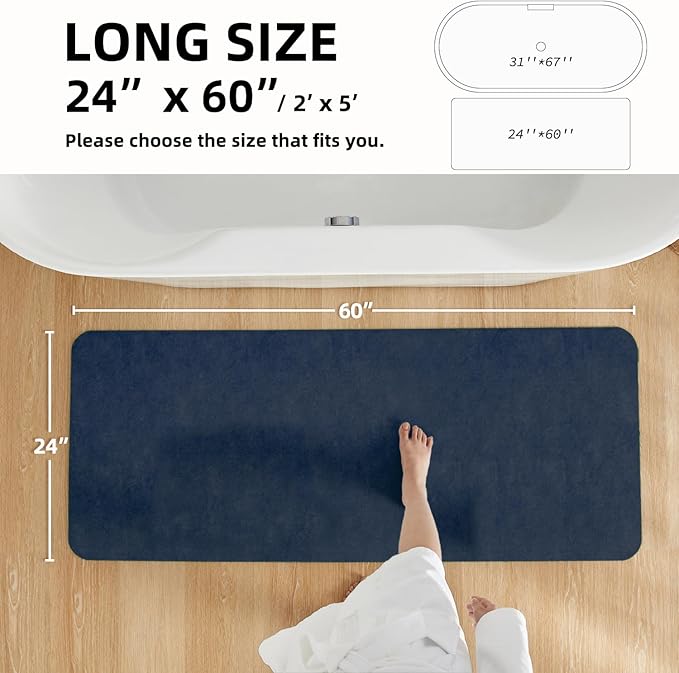 Bathroom Mat Quick Dry, Bathroom Rugs Non Slip Washable Thin Absorbent Bath Mat Fits Under Door Bathroom Floor Mat Perfect for Bath, Shower, or Sink 24"x60" Navy Blue