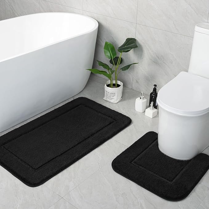 LOCHAS Bathroom Rug Set Black, Soft Bath Rug Set 2 Piece, Toilet Mat U-Shaped 20x20 and 34x20 Bath Rugs, Quickly Dry Mats for Bathroom, Tub, Washable, Super Absorbent Floor Mat