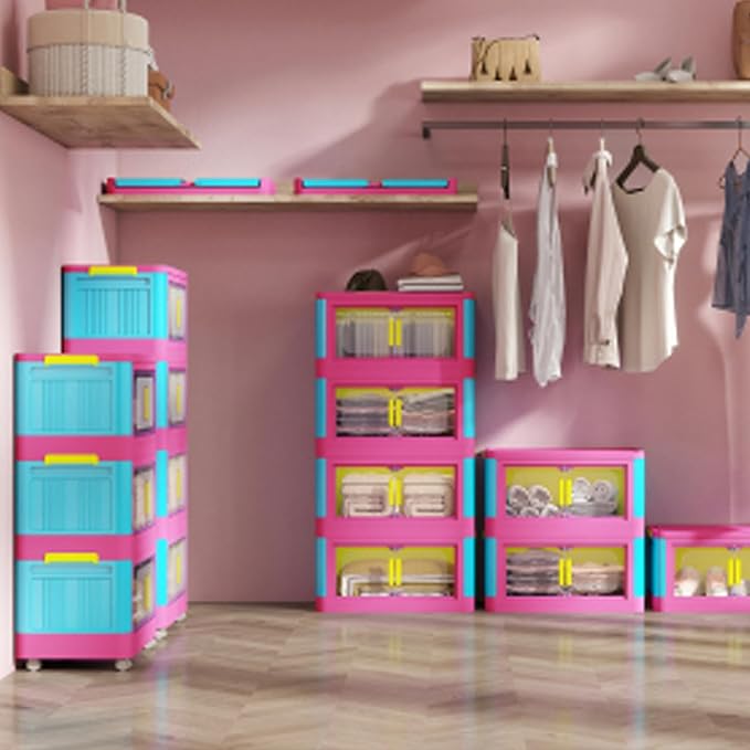 5 Tiers Folding Storage Cabinet, 20" Side Wide Collapsible Storage Bins with Doors and Wheels, Space Saving Plastic Cabinet for Living Room, Office, Dorm, Rainbow