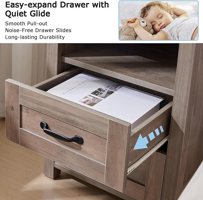 Sierra Night Stand, Rustic End Table with Charging Station, Farmhouse Tall Nightstand for Bedroom, Drawer Dresser Bedside Table with Open Storage Shelf