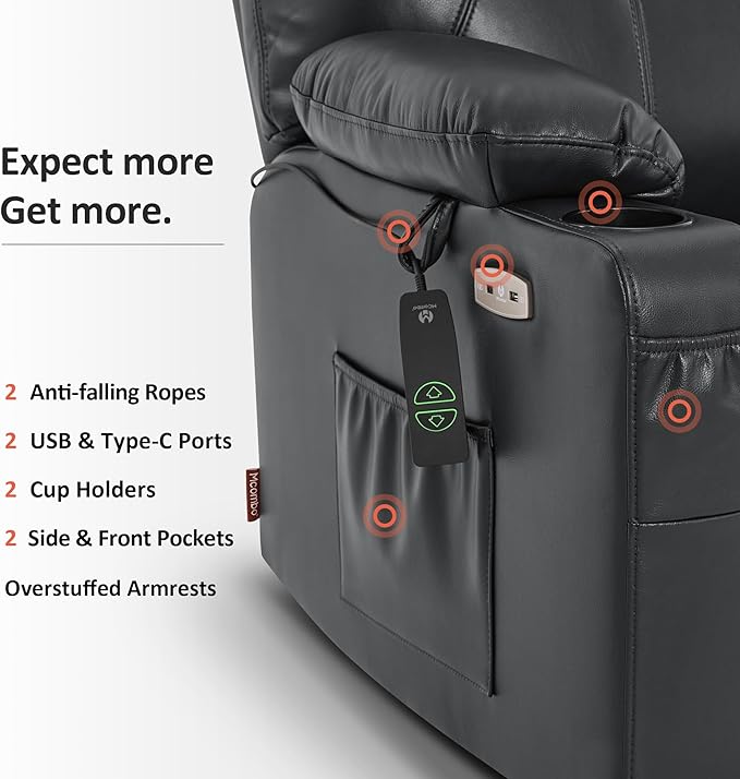 MCombo Oversized Power Lift Recliner Chair for Elderly, Lift Chair with Heat and Massage for Big and Tall, USB&Type C Ports, Cup Holders, Faux Leather R7510 (Black, Large-Wide)