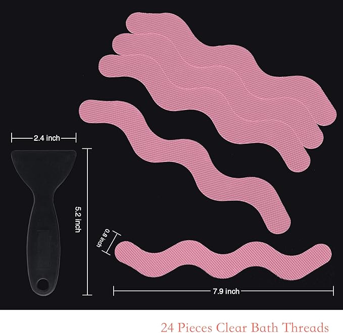 Anti Slip Shower Stickers, Adhesive Decals Safety Strips with Scraper for Bath Tub, Shower Floor, Stairs, 24 Pieces (Pink)