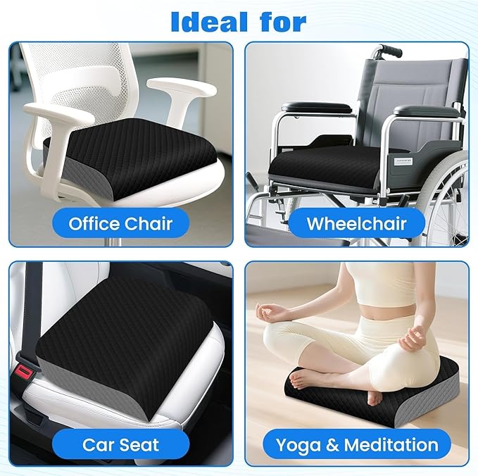 Seat Cushion, Memory Foam Chair Pad, Non-Slip Cushion for Office, Home, Car, Large Desk Chair Cushion, Washable Cover & Handle, X-Large, Black