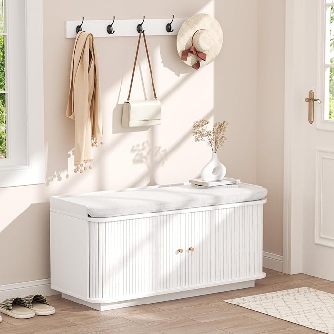 Hall Tree with Bench and Shoe Storage, Entryway Bench with Sliding Door Cabinet, Removable Padded, Metal Wall Hooks and Adjustable Storage Compartments, for Entry, Hallway, Living Room, White