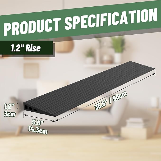1.2" Rise Threshold Ramps for Doorways, 35.5" Wide Natural Rubber Power Wheelchair Ramp is Adjustable and Cuttable for Doorways, Curb, Sweeper, Power Scooters, 2000 Lbs Load Capacity