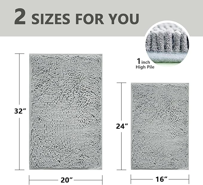 BOANKODU Bathroom Rugs Sets 2 Piece, Extra Soft Chenille Bath Mat Absorbent Bathroom Rug, Bathroom Mat with PVC Non-Slip Bottom, Machine Washable Bath Rugs (32x20 Inch + 24x16 Inch, Light Grey)