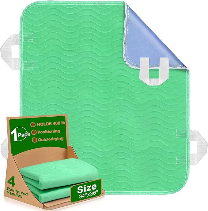 Positioning Bed Pad with Handles - Quick Drying Bed Pads with 8 Reinforced Handles, Washable Waterproof Reusable Pads for Elderly, Bedridden, Turning, Lifting, Transferring 34" × 36"