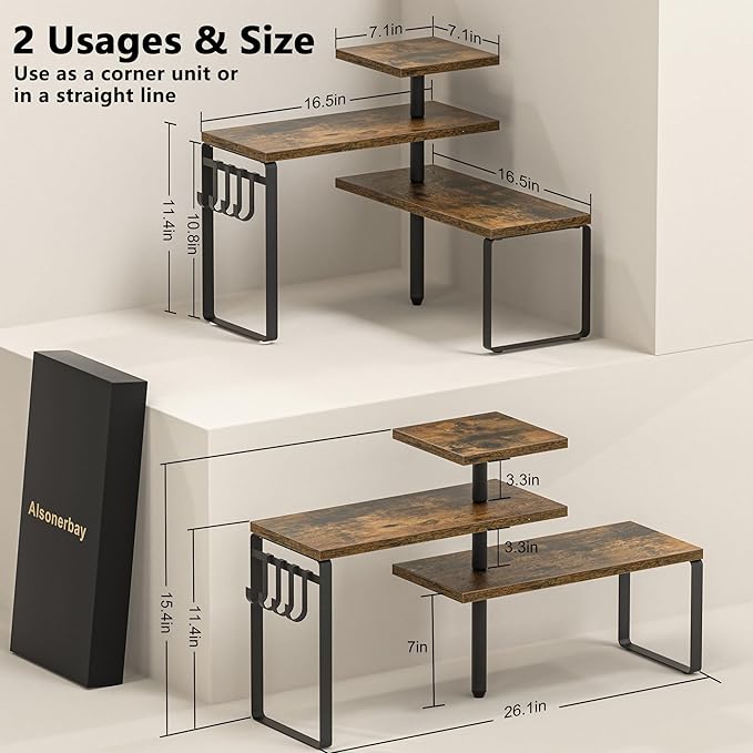 Alsonerbay Kitchen Organizer Countertop Kitchen Organization,3 Tier Corner Shelf Organizer with Removable Hooks for Coffee Station, Bathroom Counter (Rustic Brown)