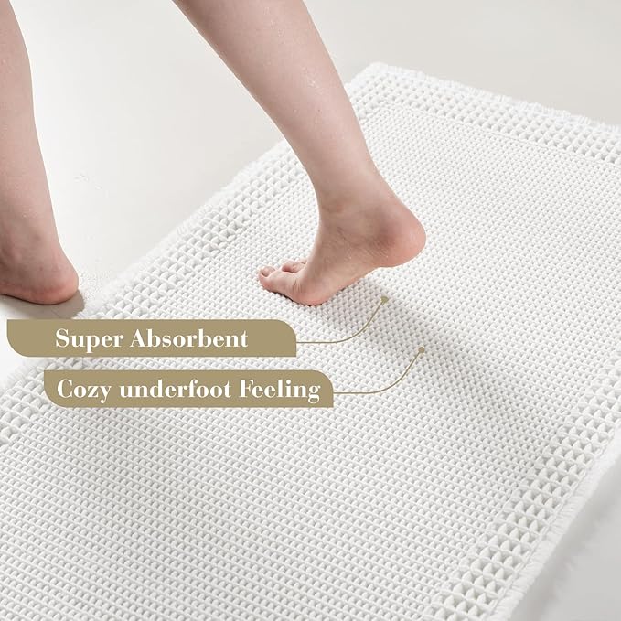 RESARE Waffle Bath Mat, Super Absorbent Non Slip, Machine Washable, Ultra Soft Boho Bath Rugs with Tassels, Upgraded Bordered Design, 17"x24" White