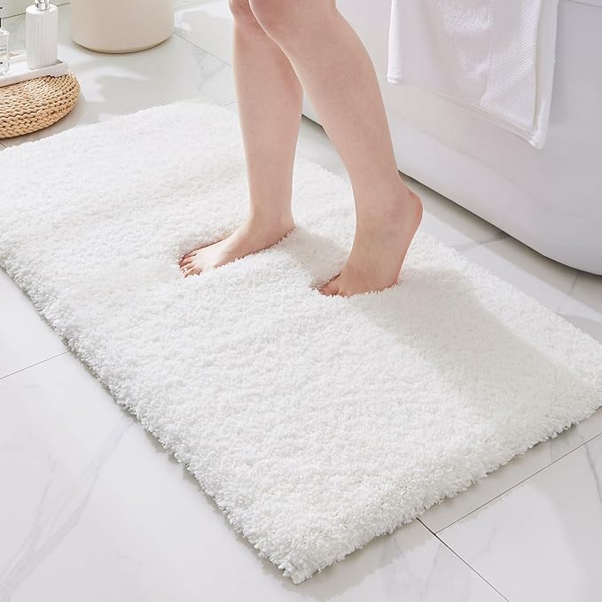 ILANGO White Bathroom Rugs 60" × 24" Non Slip & Super Absorbent Extra Thick Soft, Washable Bath Carpet Runner for Floor, Microfiber Plush Shaggy Bath Mats with Rubber for Bedroom Bathtub Shower Room