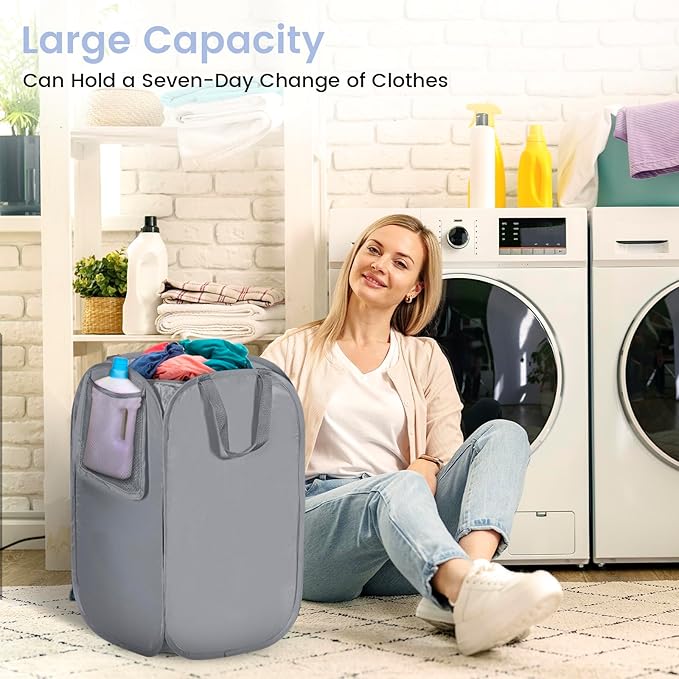 HOUSE AGAIN Upgraded Pop-up Laundry Hamper, Collapsible Laundry Basket with Durable Handles Solid Bottom High Steel Frame, Portable Foldable Dirty Clothes for Dorm, Laundry room Travel, Grey