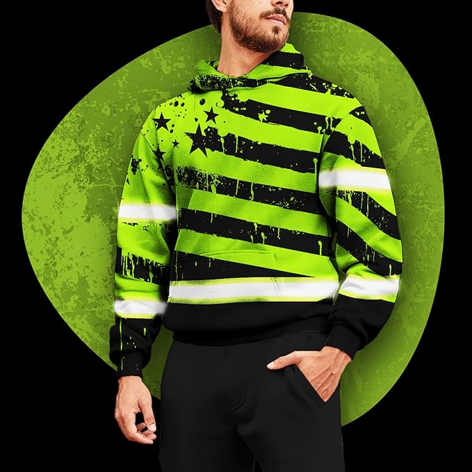 US Flag High Visibility Hoodie for Men Reflective Hoodie Safety Workwear for Worker Runner Patriotic ACC02