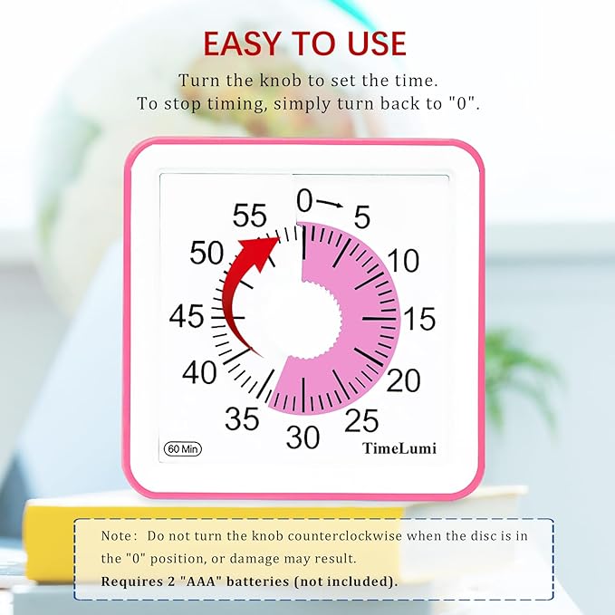 60-Minute Visual Timer for Kids, Time Management Tool Study Classroom Timer, Home Edition Silent Countdown Timer for Toddler, Teachers and Adults (Pink)