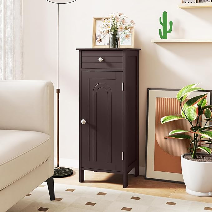 GLACER Floor Storage Cabinet, Multifunctional Freestanding Bathroom Storage Cabinet with 2 Adjustable Shelves, Ideal for Bathroom, Living Room, 14 x 12 x 34.5 inches (Brown)