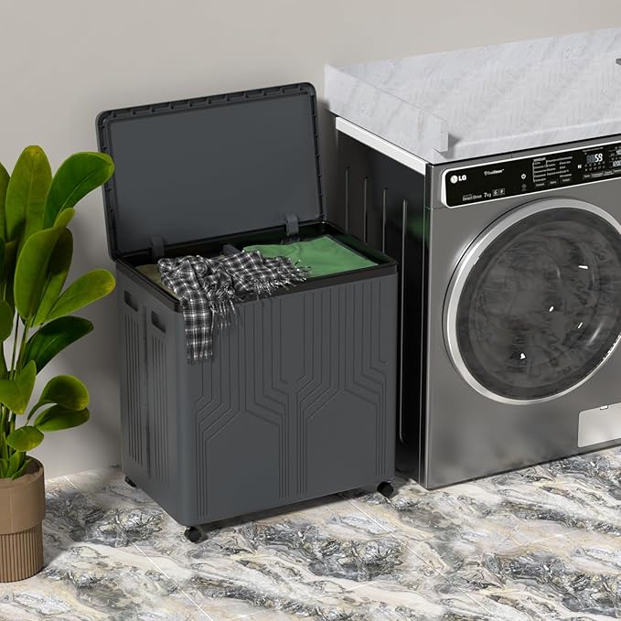 130 L Large 2 Section Laundry Hamper, Plastic Rolling Laundry Basket with Wheels, Grey
