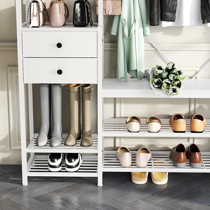 7-in-1 Hall Tree with Bench and Shoe Storage for Entryway, Entryway Bench with Coat Rack, Storage Shelves, Shoe Race, Coat Hooks and 2 Fabric Drawers for Hallway(White)