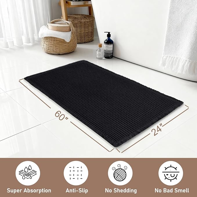 Hiasan Waffle Bath Mat, Super Absorbent Non Slip Bathroom Boho Rug with Tassels, Machine Washable Bath Mats for Bathroom, Ultra Soft Rubber Backed Rug, Black, 24 x 60 Inches