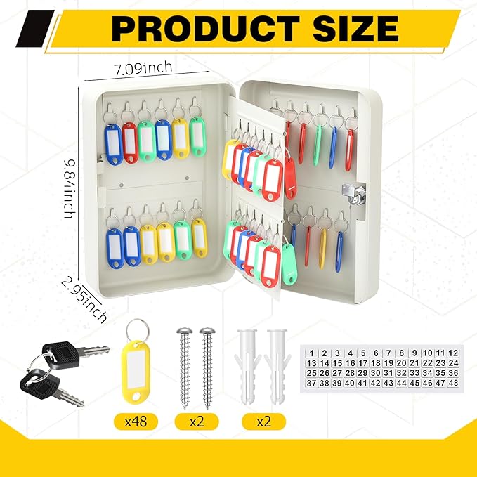 Ripeng 48-Keys Key Lock Box Wall Mount Steel Key Cabinet Lock Box Security Holder with Tags and Hooks Organizer Wall Safe Storage for Car Office Hotel House Rental Business, White
