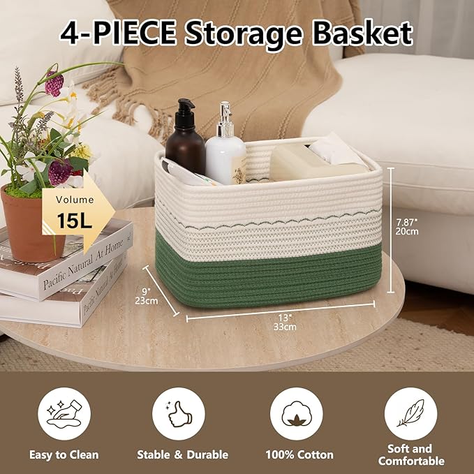 4 Pack Storage Baskets for Organizing, 13"X9"X7.87", Decorative Cotton Rope Baskets with Wave-Patterned Embroidery for Shelves, Small Woven Basket for Toys, Books and Towels, Green & White