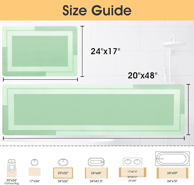 Ultra Thin Bath Mat, Upgrade Backing Non Slip Thin Bath Mats Fit Under Door, Quick Dry Ultra Absorbent Bathroom Rugs, Machine Washable Bath Rugs for Bathroom, Sage Green/Bordered/24"x17"+48"x20"