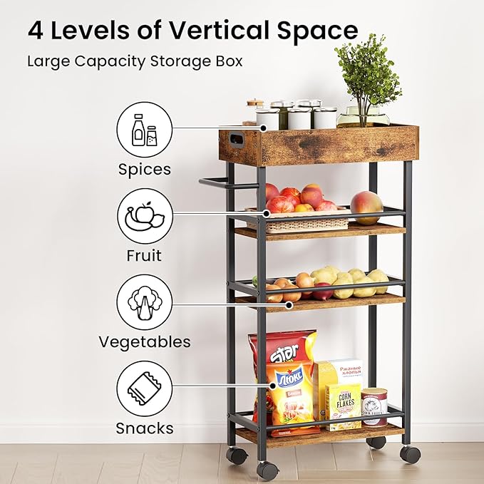 Slim Storage Cart, 4 Tier Rolling Cart with Handle, Rolling Carts with Wheels, Metal Frame Narrow Cart for Small Spaces for Kitchen, Dining Room, Bathroom, Laundry Room, Office