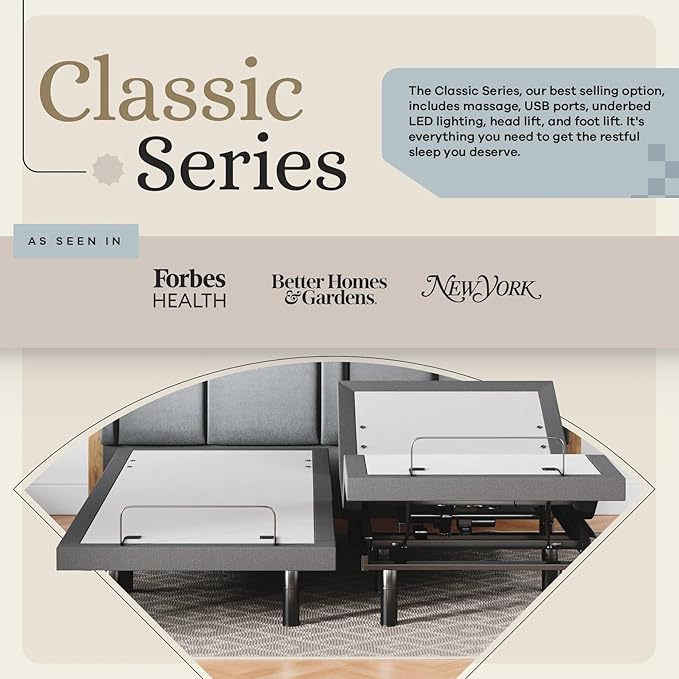 Sven & Son Classic Adjustable Bed Base, Head and Foot Lift, Massage, Under-Bed Lights, USB, Gel Memory, Zero Gravity Smart Frame - Split California King