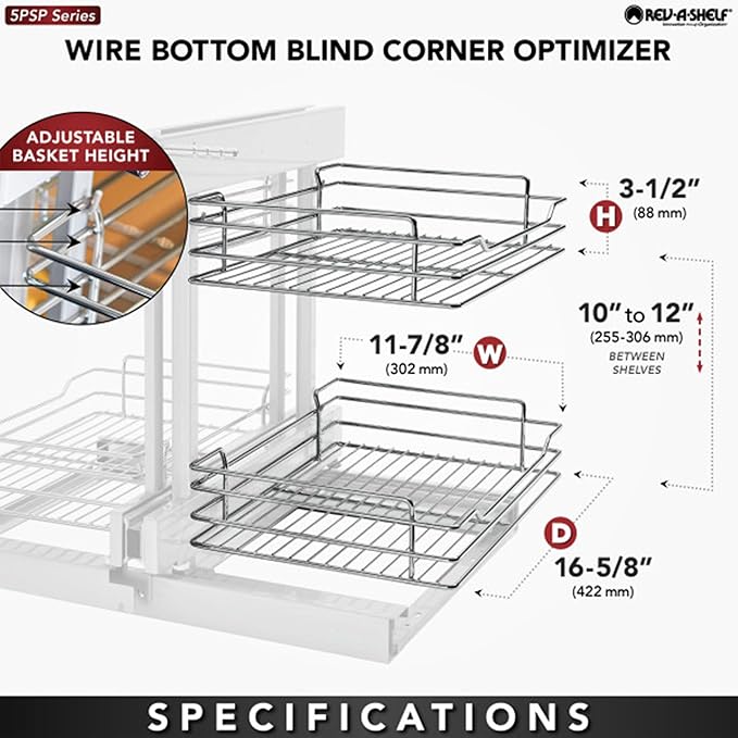 Rev-A-Shelf Dual Tier Pullout Shelf Storage Organizer for Blind Corner Kitchen or Bathroom Cabinets,15", 4 Shelves, Silver, 5PSP-15-CR