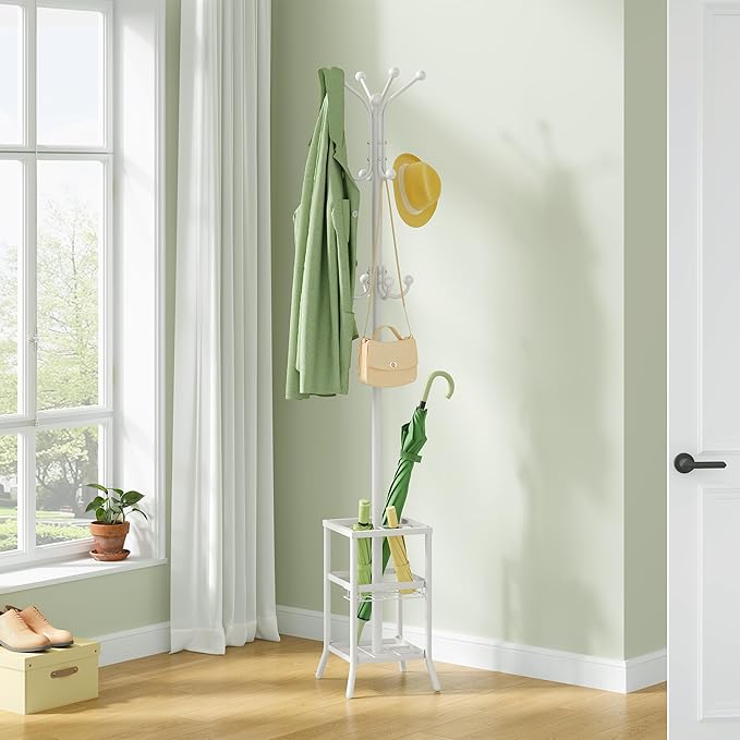 FAVOOSTY Coat Rack Freestanding,Coat Rack Stand with Umbrella Holder,Metal Coat Tree with 12 Hooks,Tree Clothes Hat for Entryway, Hallway, Bedroom, Living Room & Office -White